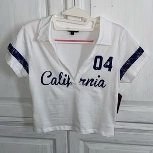 California Polo Graphic White and Navy Crop Top